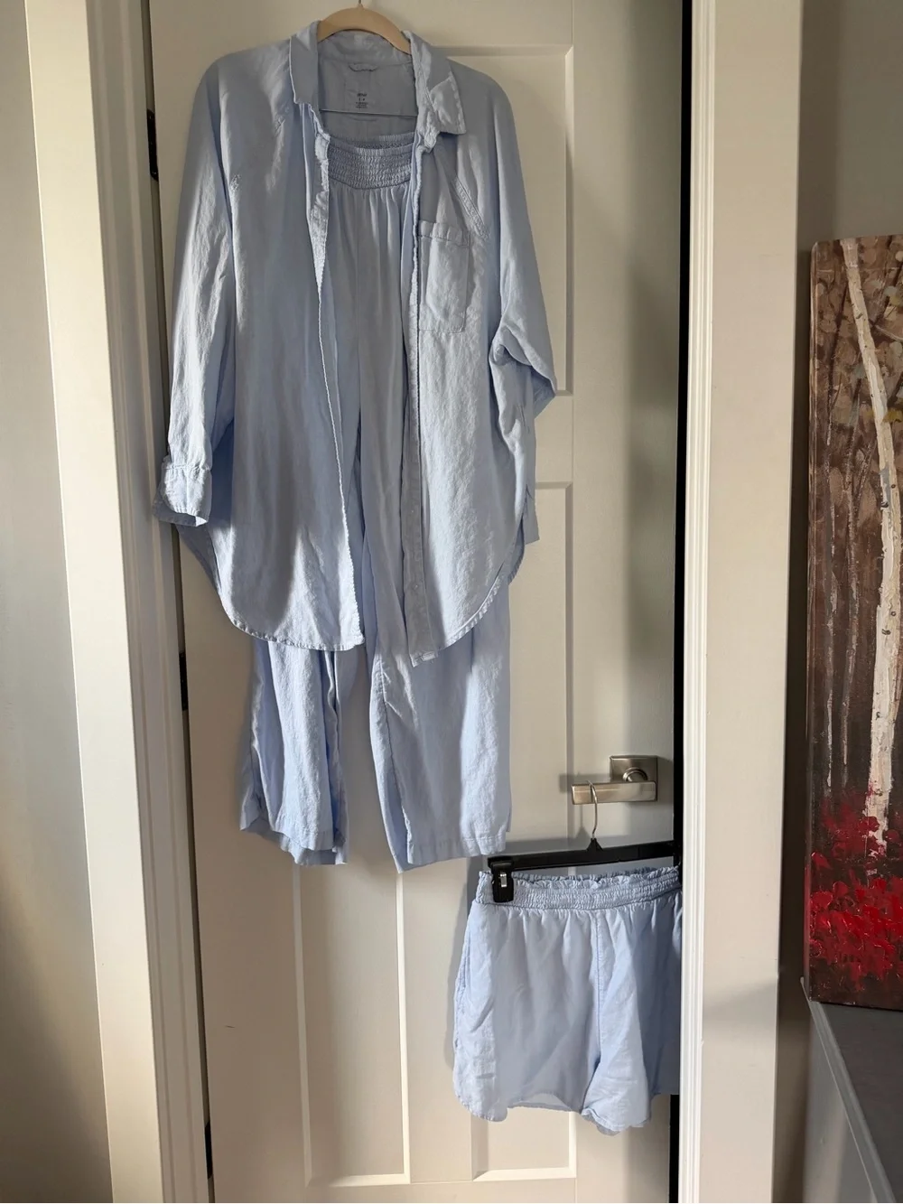 aerie 3 piece, Pale Blue cotton Button-Down Shirt, wide leg pants and shorts.
